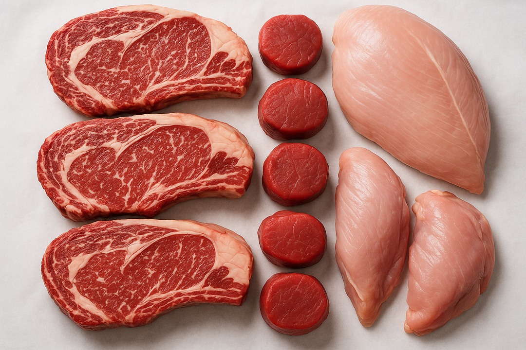 cuts of ribeye meat, filets, and turkey